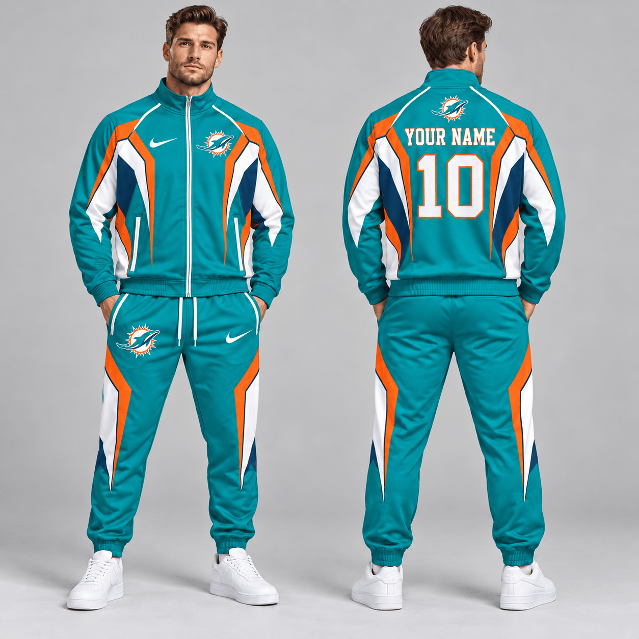 Miami Dolphins | Premium NFL Personalized Name Number Athletic Full Zip Jacket & Jogger Pants Tracksuit Set NDN cover