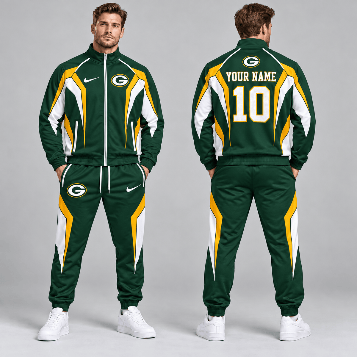 Green Bay Packers | Premium NFL Personalized Name Number Athletic Full Zip Jacket & Jogger Pants Tracksuit Set NDN cover