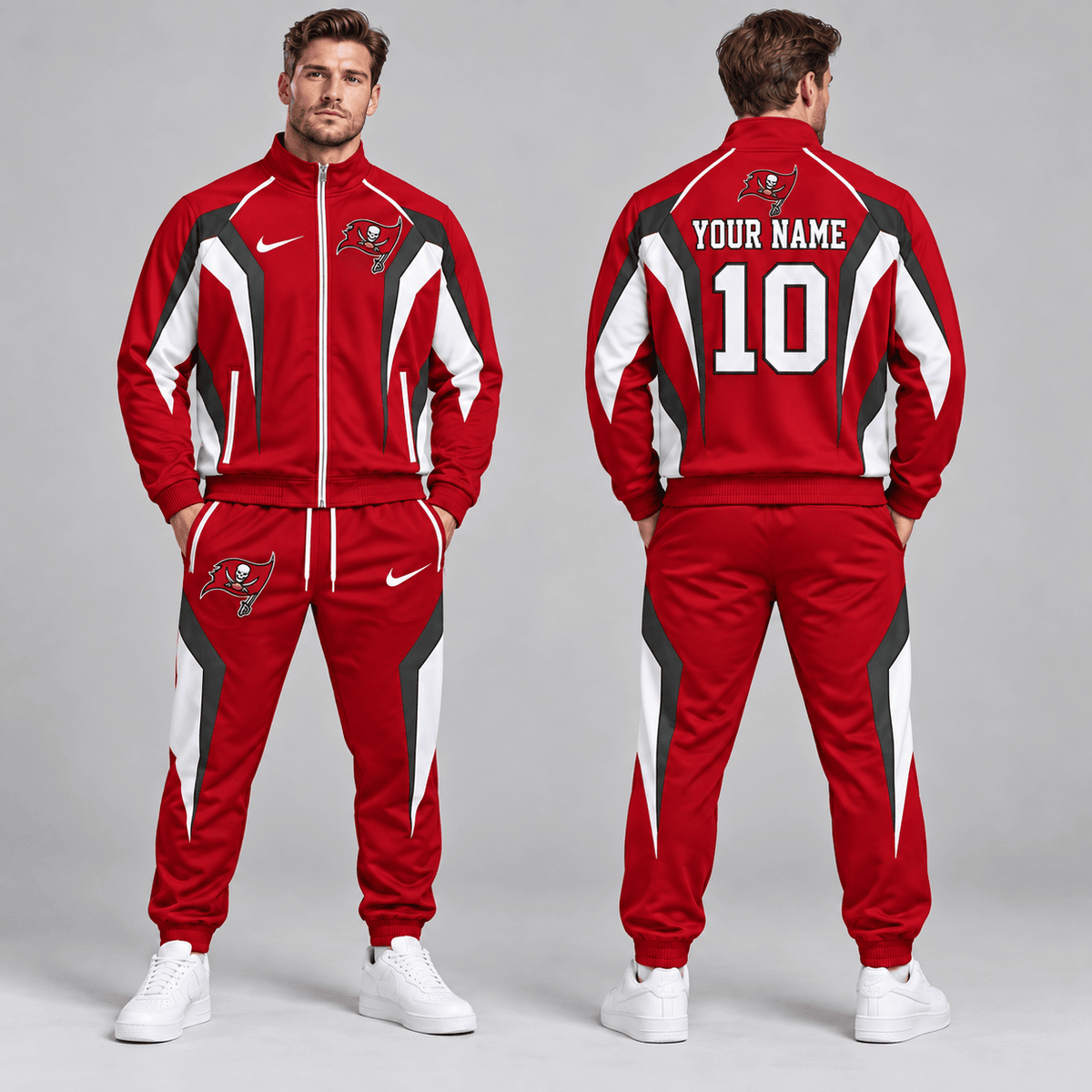 Tampa Bay Buccaneers | Premium NFL Personalized Name Number Athletic Full Zip Jacket & Jogger Pants Tracksuit Set NDN cover