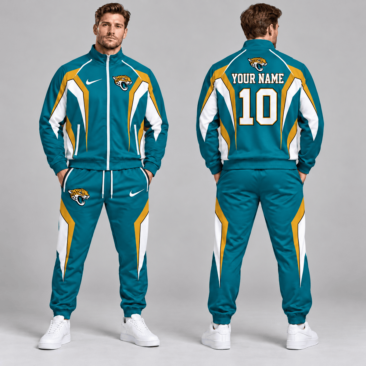 Jacksonville Jaguars | Premium NFL Personalized Name Number Athletic Full Zip Jacket & Jogger Pants Tracksuit Set NDN cover