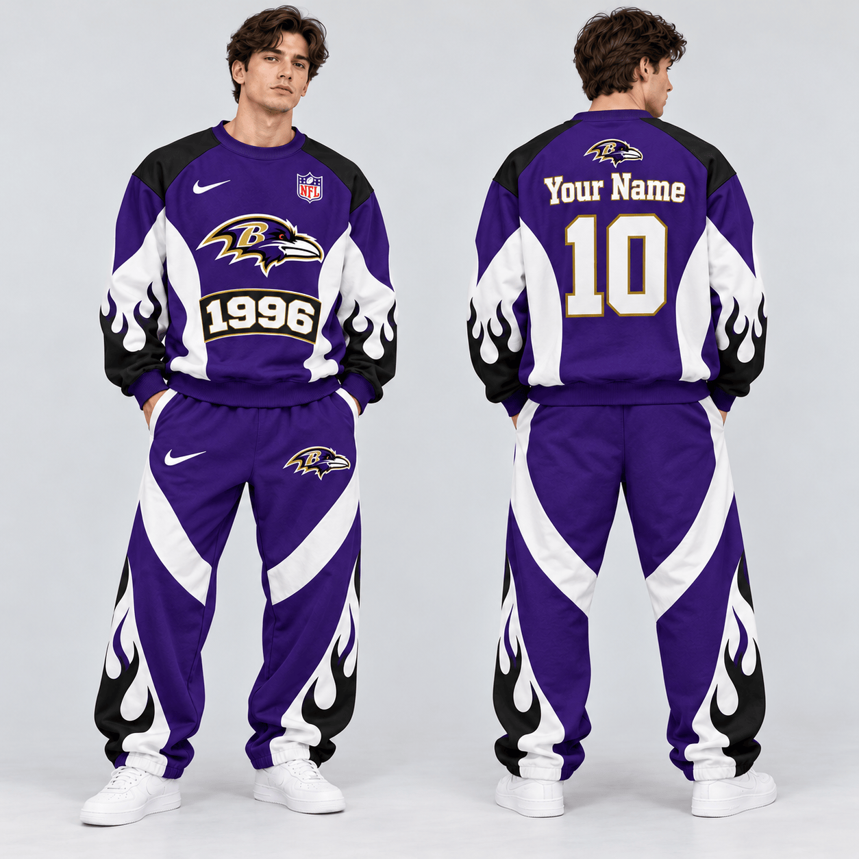 Baltimore Ravens | Premium NFL Custom Name Number Flame Graphic Crewneck Sweatshirt & Wide Leg Jogger Pants Set NDN cover