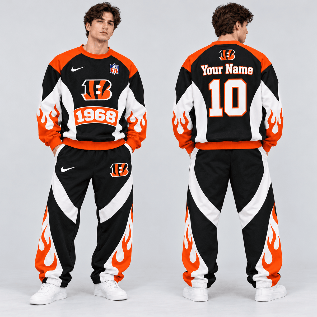 Cincinnati Bengals | Premium NFL Custom Name Number Flame Graphic Crewneck Sweatshirt & Wide Leg Jogger Pants Set NDN cover