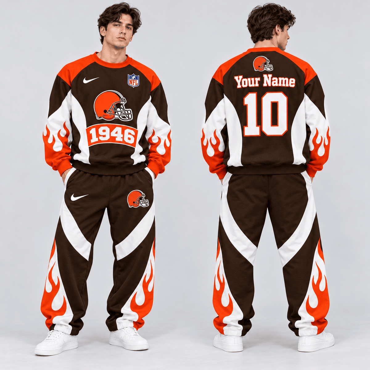 Cleveland Browns | Premium NFL Custom Name Number Flame Graphic Crewneck Sweatshirt & Wide Leg Jogger Pants Set NDN cover