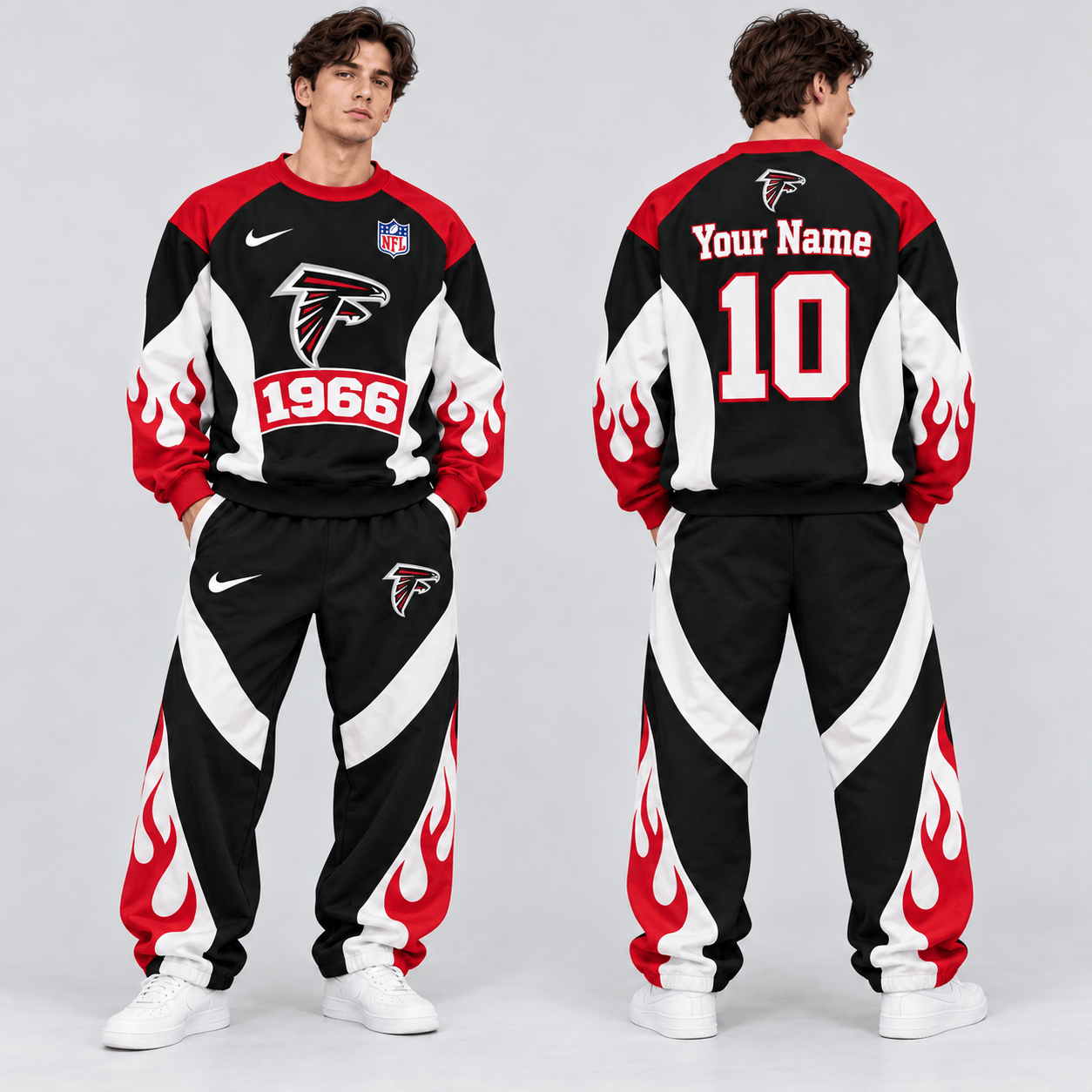 Atlanta Falcons | Premium NFL Custom Name Number Flame Graphic Crewneck Sweatshirt & Wide Leg Jogger Pants Set NDN cover