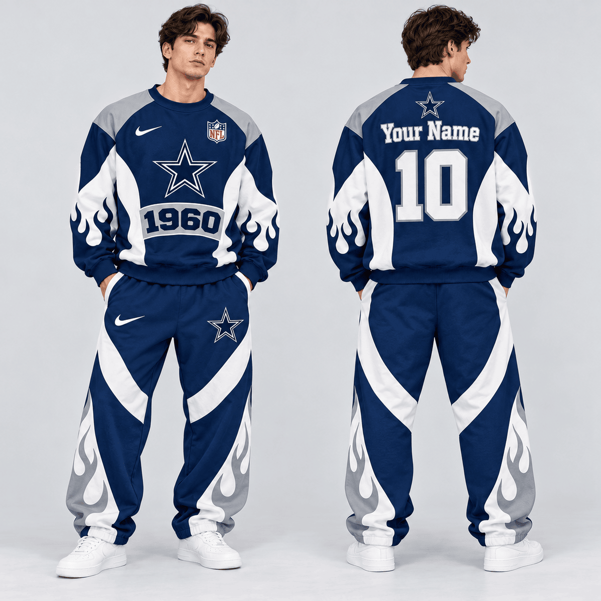 Dallas Cowboys | Premium NFL Custom Name Number Flame Graphic Crewneck Sweatshirt & Wide Leg Jogger Pants Set NDN cover