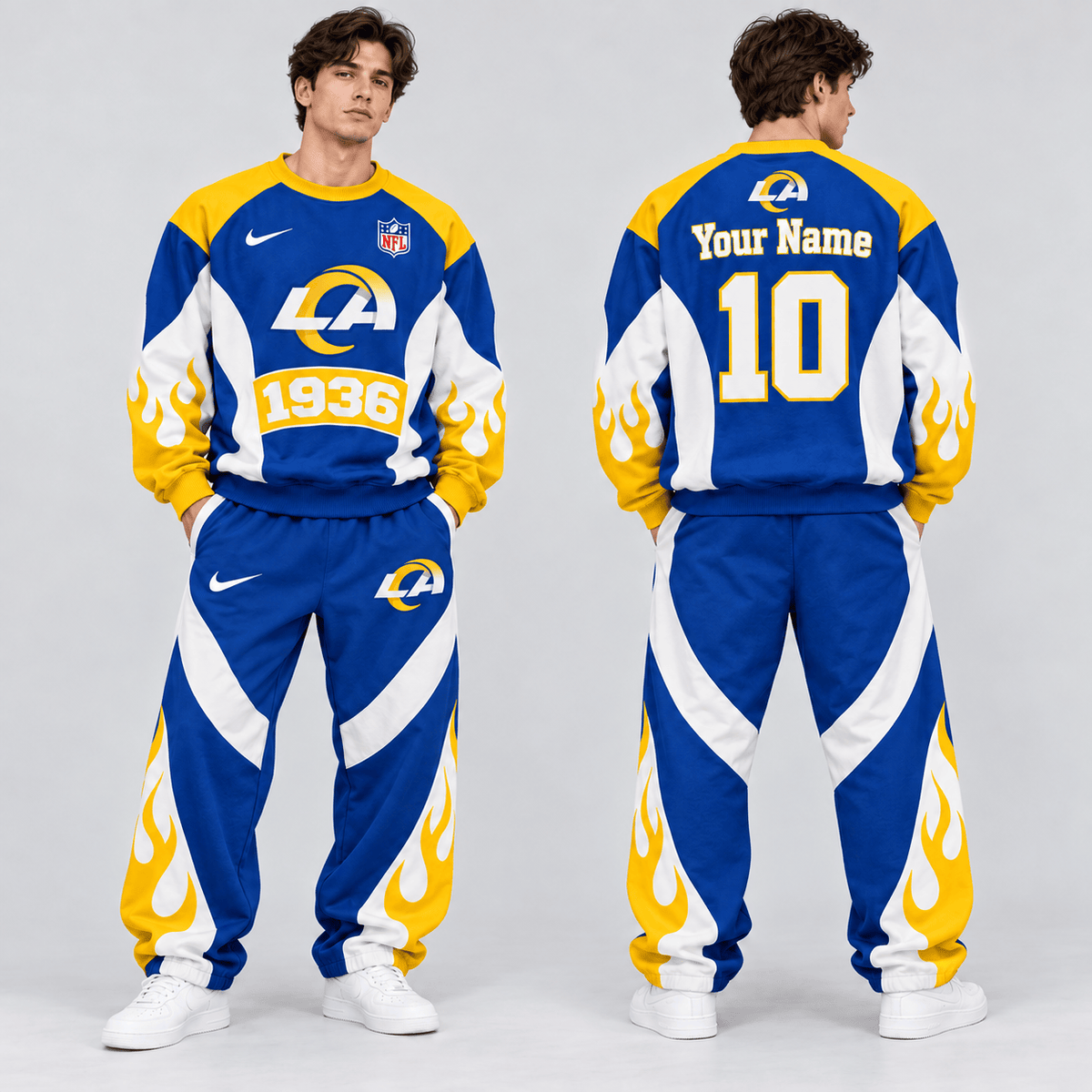Los Angeles Rams | Premium NFL Custom Name Number Flame Graphic Crewneck Sweatshirt & Wide Leg Jogger Pants Set NDN cover