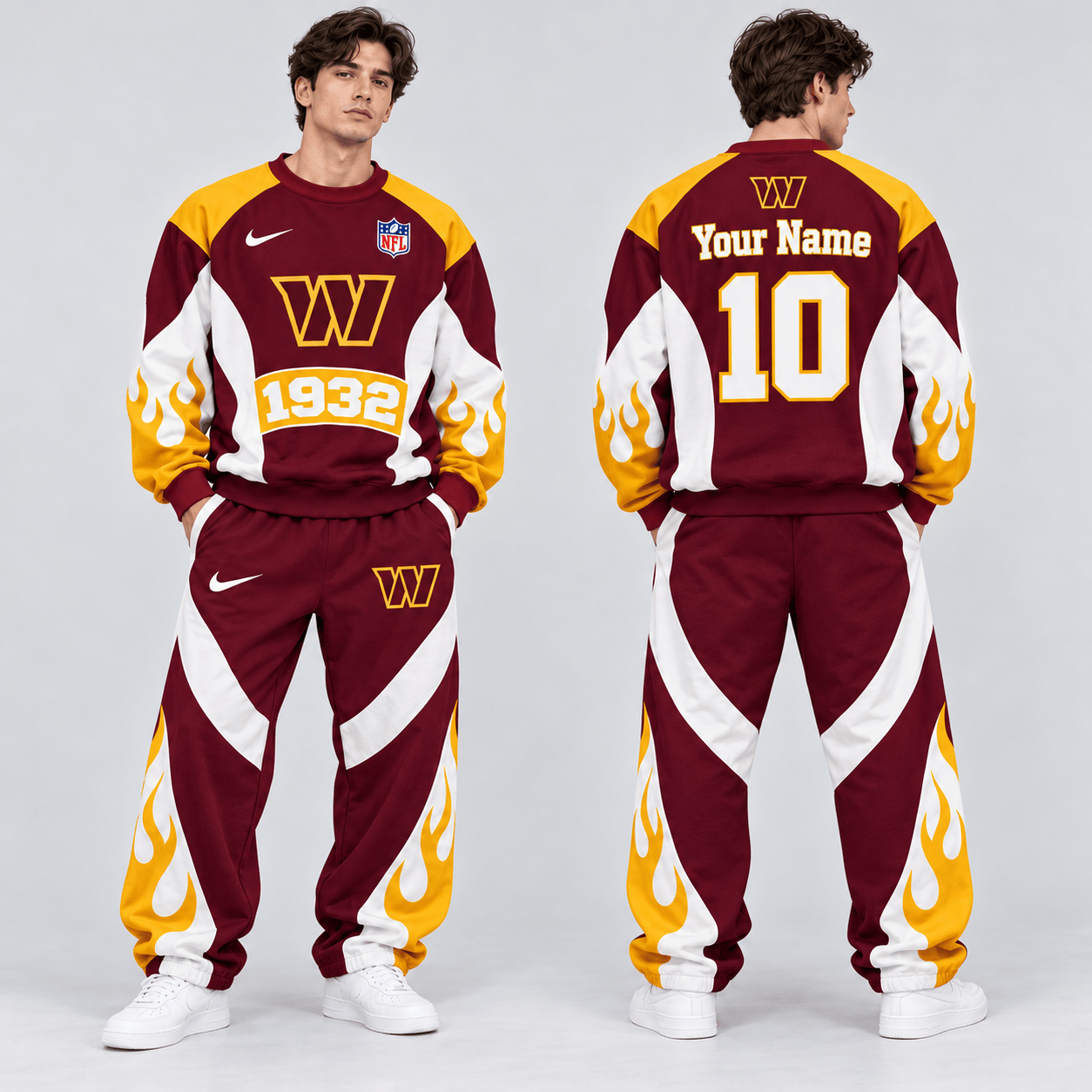 Washington Commanders | Premium NFL Custom Name Number Flame Graphic Crewneck Sweatshirt & Wide Leg Jogger Pants Set NDN cover