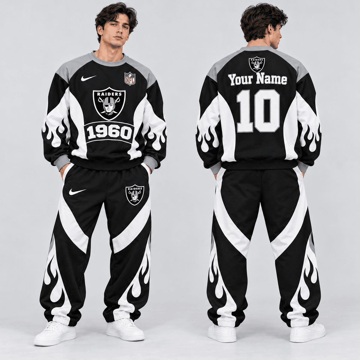 Las Vegas Raiders | Premium NFL Custom Name Number Flame Graphic Crewneck Sweatshirt & Wide Leg Jogger Pants Set NDN cover