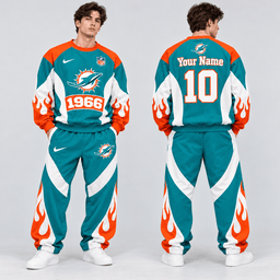 Miami Dolphins | Premium NFL Custom Name Number Flame Graphic Crewneck Sweatshirt & Wide Leg Jogger Pants Set NDN cover