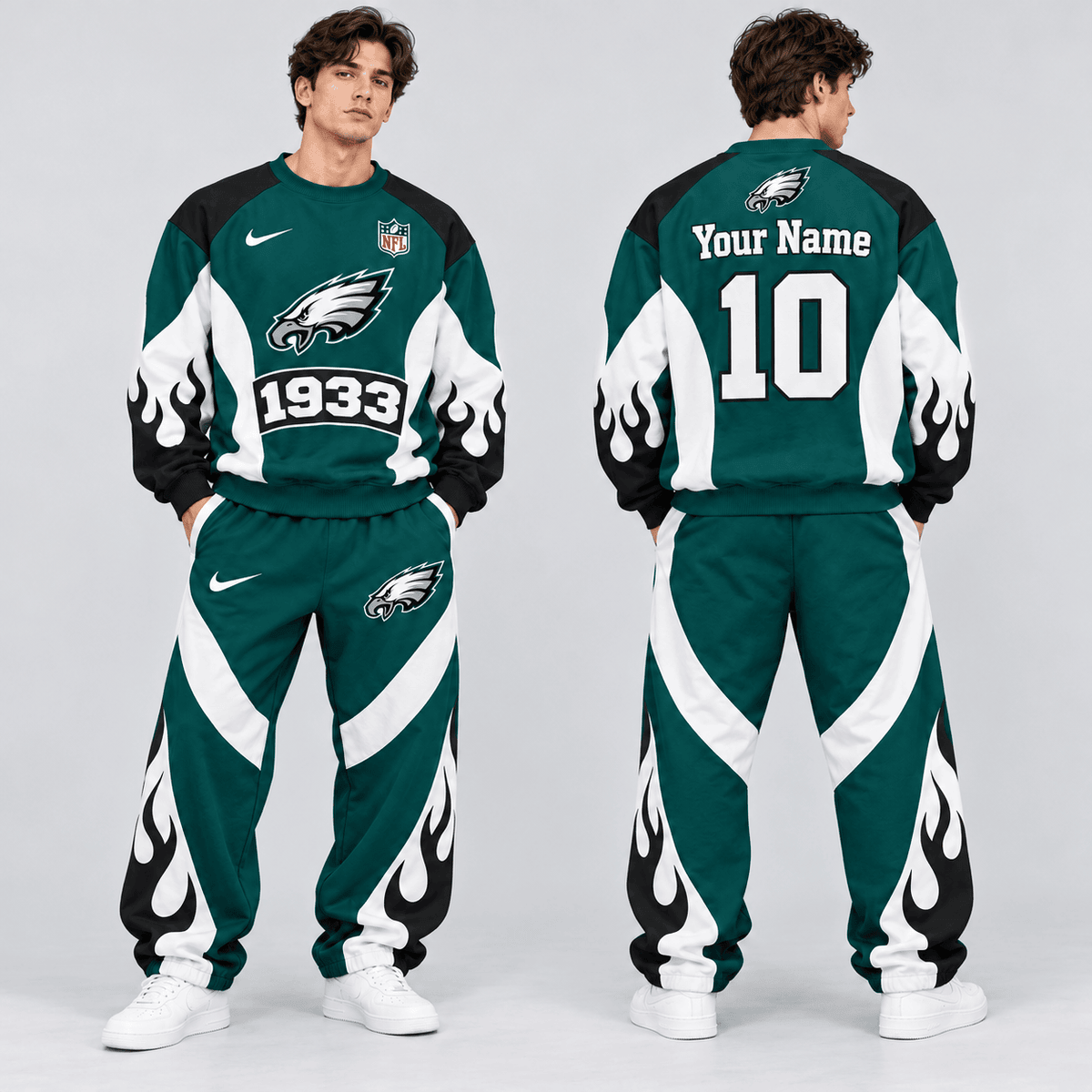 Philadelphia Eagles | Premium NFL Custom Name Number Flame Graphic Crewneck Sweatshirt & Wide Leg Jogger Pants Set NDN cover