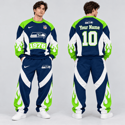 Seattle Seahawks | Premium NFL Custom Name Number Flame Graphic Crewneck Sweatshirt & Wide Leg Jogger Pants Set NDN cover