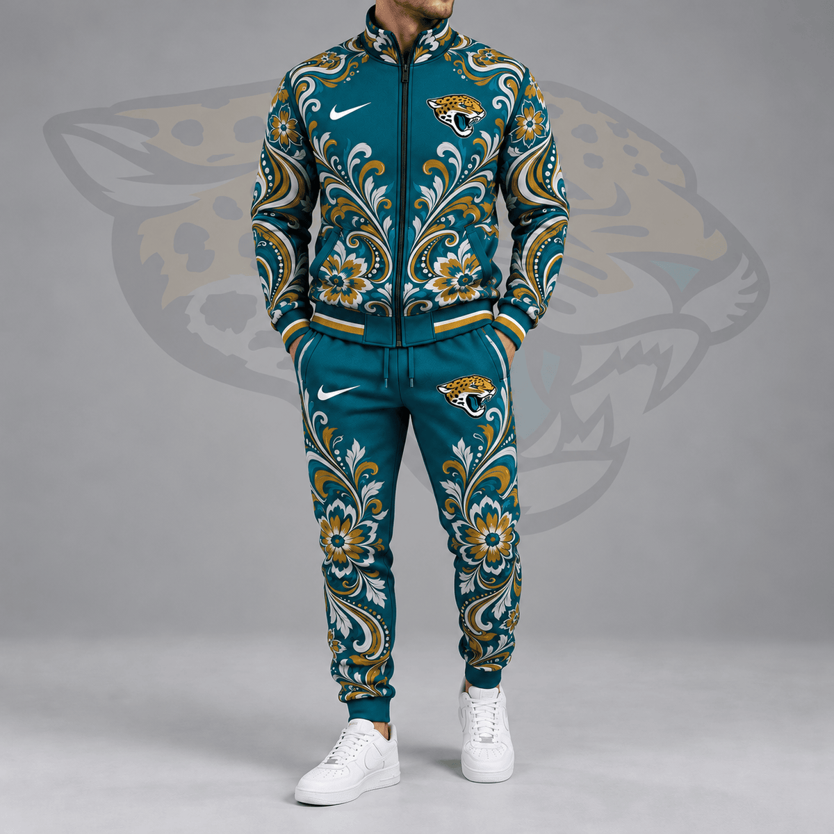Jacksonville Jaguars | Premium NFL Ornamental Floral Paisley Full Zip Jacket & Matching Jogger Pants Tracksuit Set NDN cover