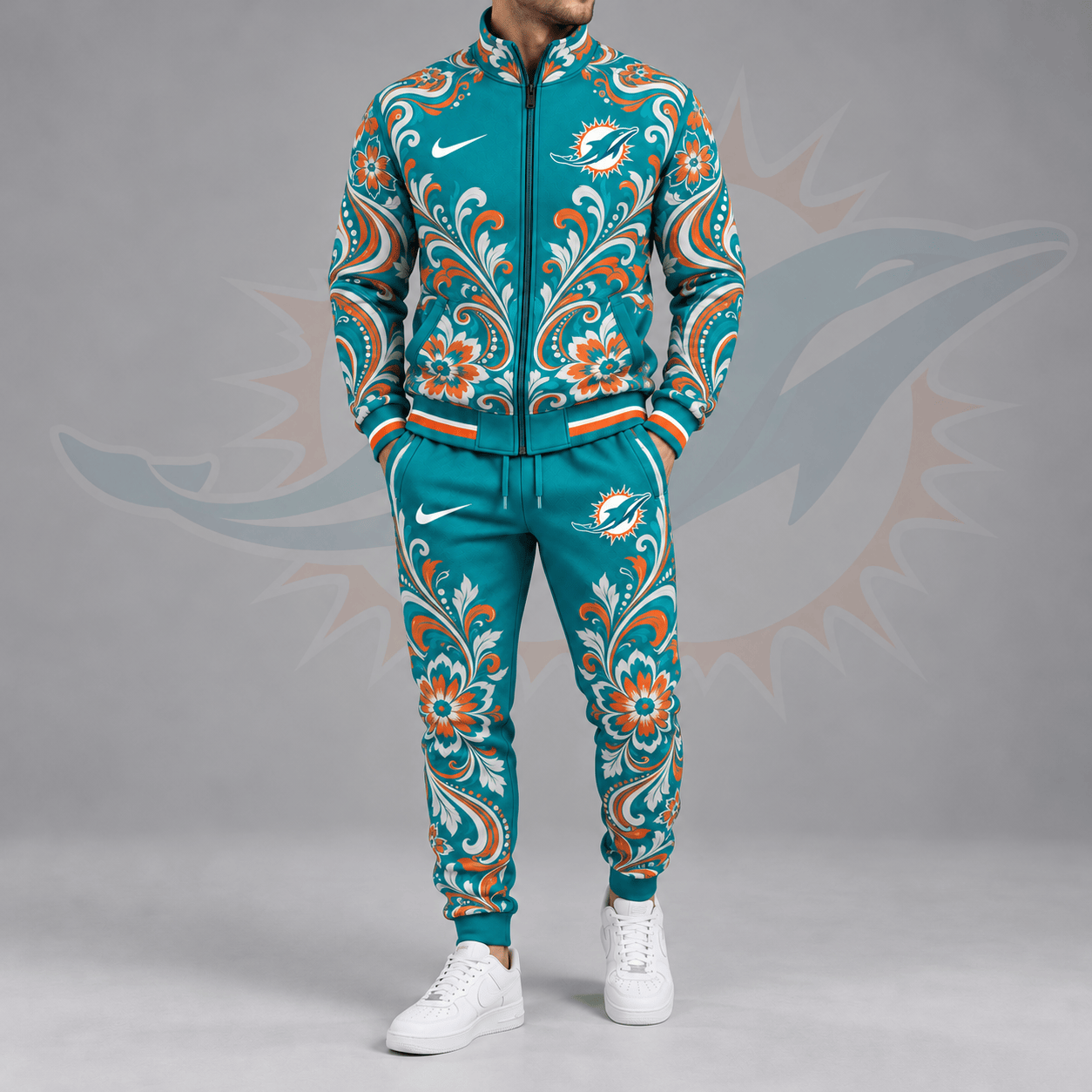 Miami Dolphins | Premium NFL Ornamental Floral Paisley Full Zip Jacket & Matching Jogger Pants Tracksuit Set NDN cover