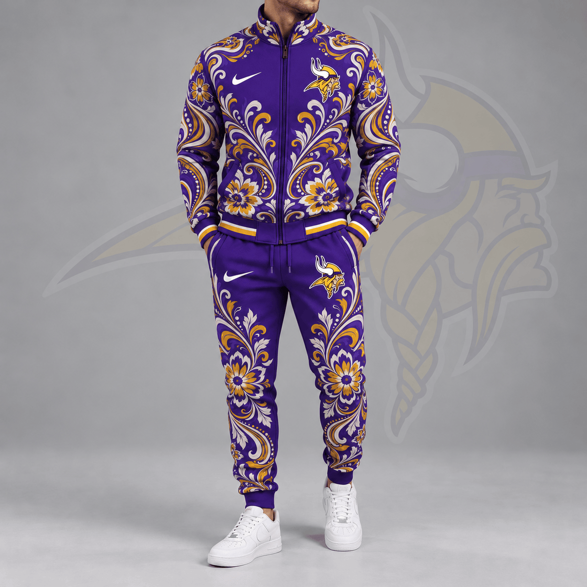 Minnesota Vikings | Premium NFL Ornamental Floral Paisley Full Zip Jacket & Matching Jogger Pants Tracksuit Set NDN cover