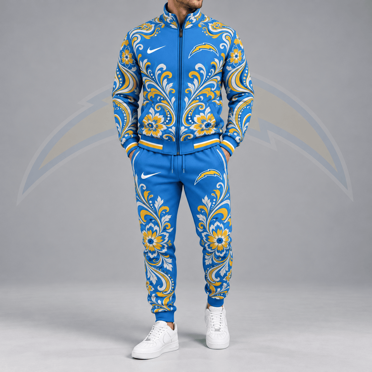 Los Angeles Chargers | Premium NFL Ornamental Floral Paisley Full Zip Jacket & Matching Jogger Pants Tracksuit Set NDN cover