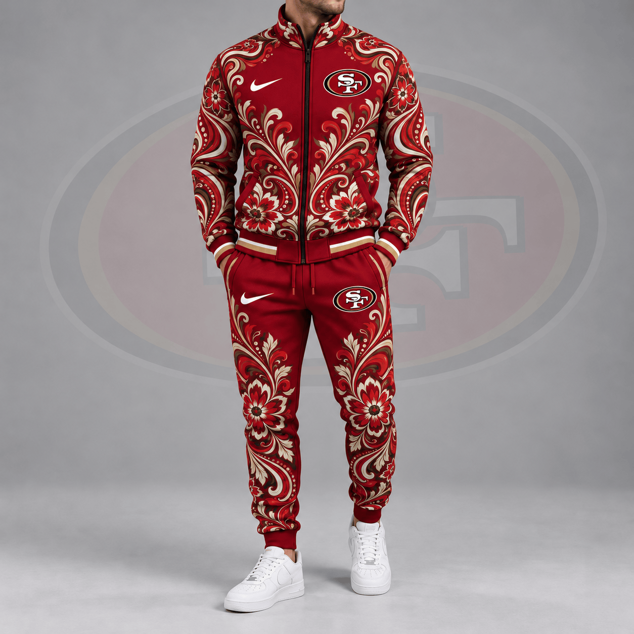 San Francisco 49ers | Premium NFL Ornamental Floral Paisley Full Zip Jacket & Matching Jogger Pants Tracksuit Set NDN cover