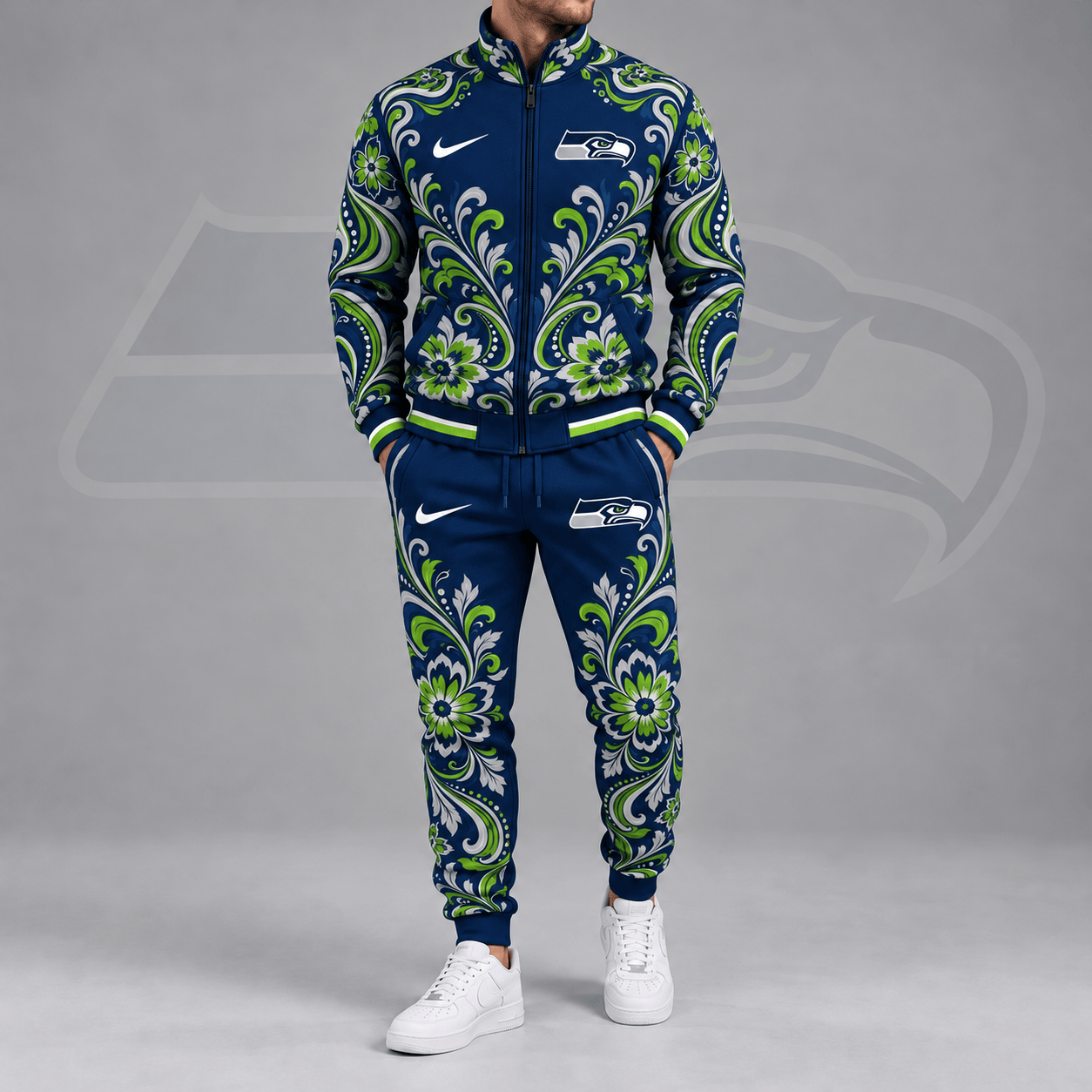 Seattle Seahawks | Premium NFL Ornamental Floral Paisley Full Zip Jacket & Matching Jogger Pants Tracksuit Set NDN cover