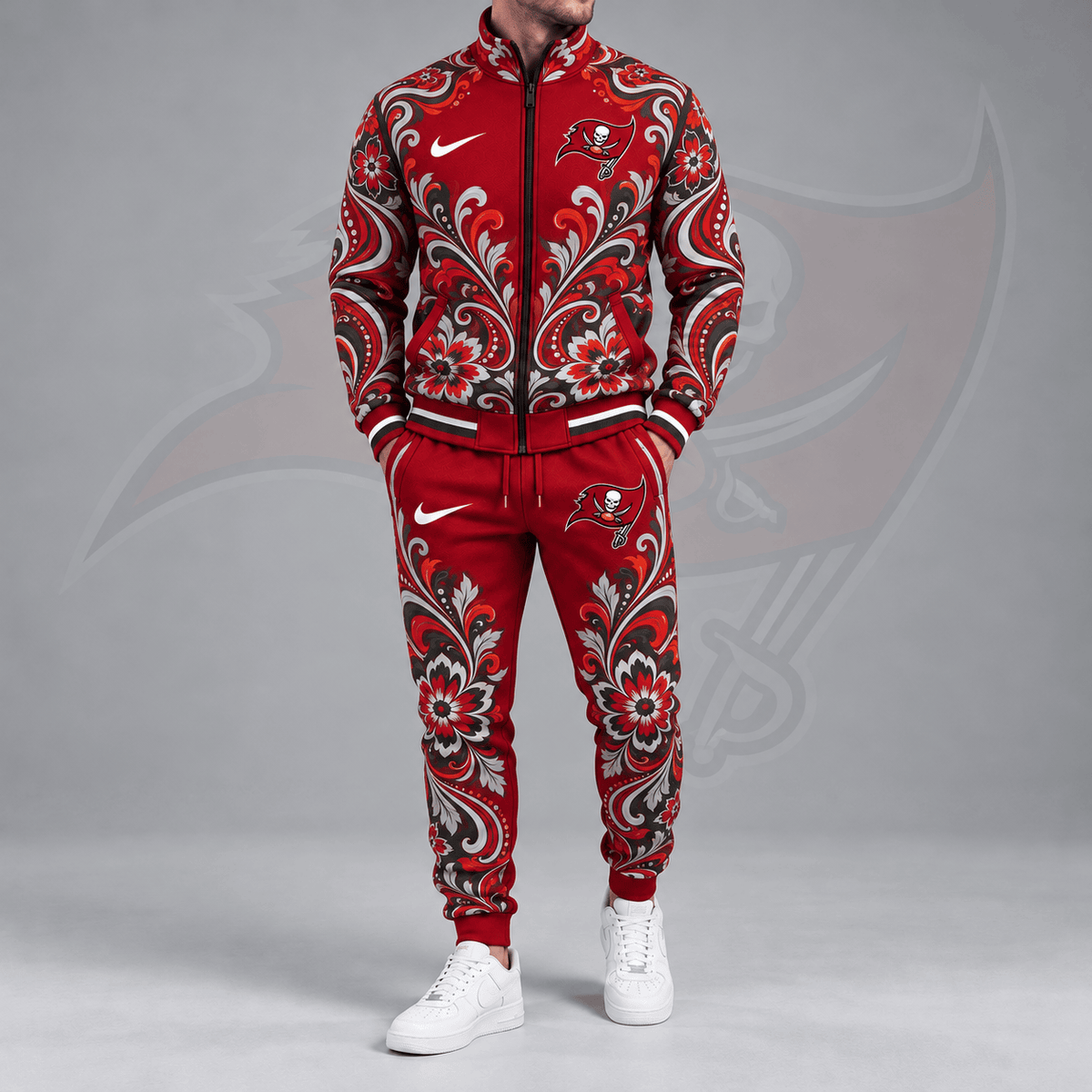 Tampa Bay Buccaneers | Premium NFL Ornamental Floral Paisley Full Zip Jacket & Matching Jogger Pants Tracksuit Set NDN cover