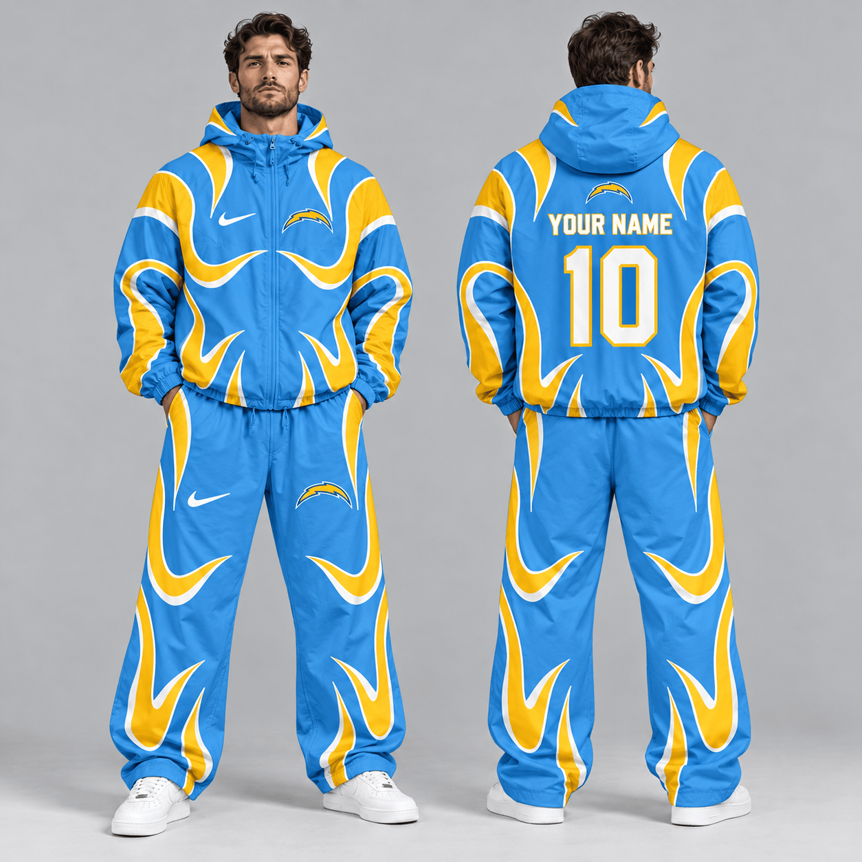 Los Angeles Chargers | Premium NFL Personalized Name Number Abstract Wave Hooded Windbreaker Jacket & Wide Leg Pants Set NDN cover