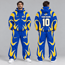 Los Angeles Rams | Premium NFL Personalized Name Number Abstract Wave Hooded Windbreaker Jacket & Wide Leg Pants Set NDN cover