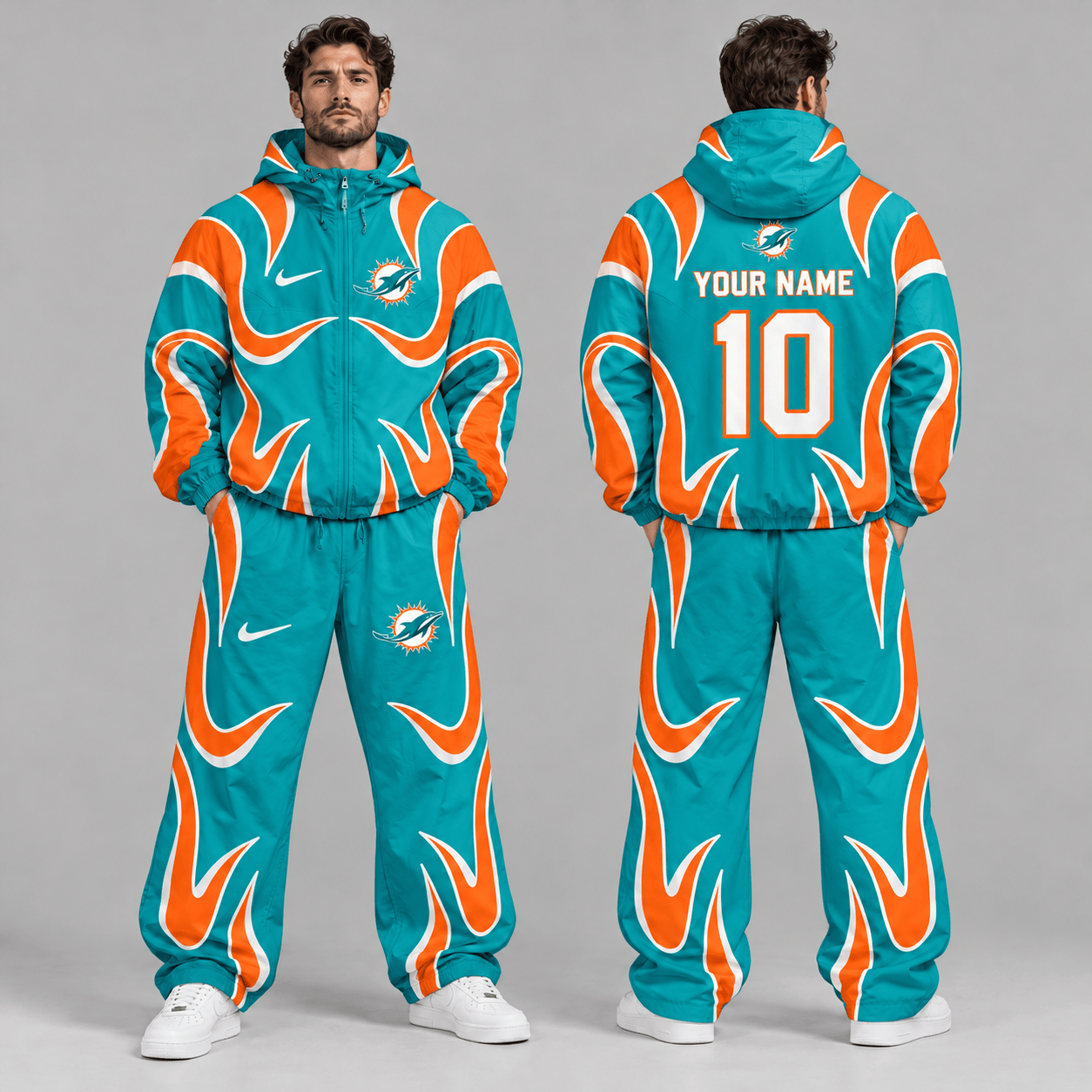 Miami Dolphins | Premium NFL Personalized Name Number Abstract Wave Hooded Windbreaker Jacket & Wide Leg Pants Set NDN cover