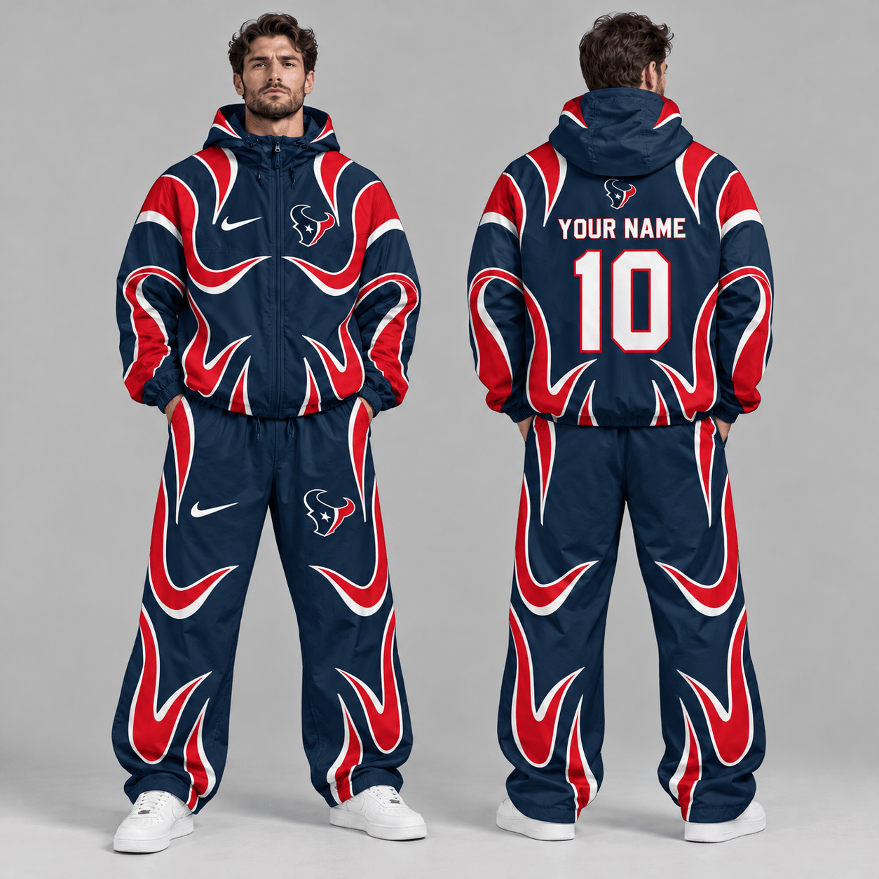 Houston Texans | Premium NFL Personalized Name Number Abstract Wave Hooded Windbreaker Jacket & Wide Leg Pants Set NDN cover