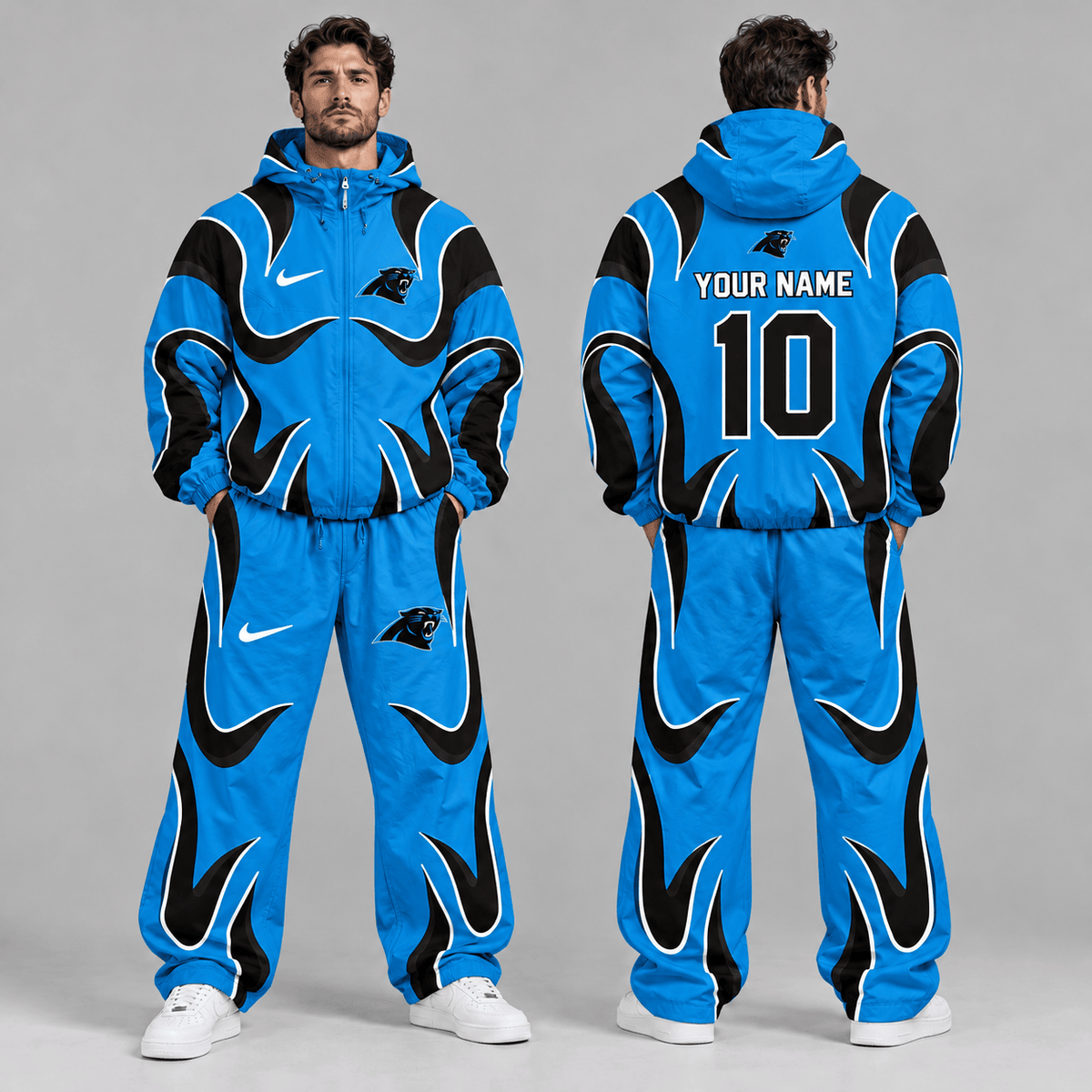 Carolina Panthers | Premium NFL Personalized Name Number Abstract Wave Hooded Windbreaker Jacket & Wide Leg Pants Set NDN cover