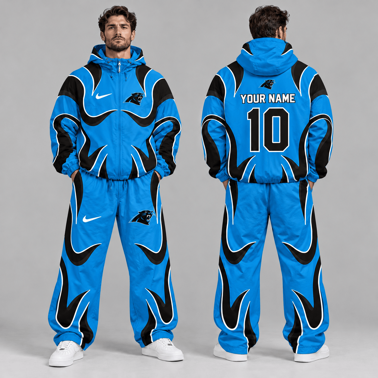 Carolina Panthers | Premium NFL Personalized Name Number Abstract Wave Hooded Windbreaker Jacket & Wide Leg Pants Set NDN cover