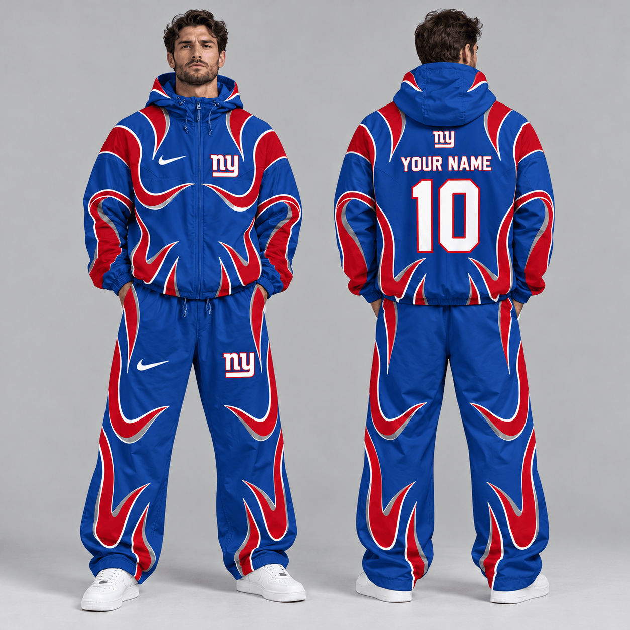 New York Giants | Premium NFL Personalized Name Number Abstract Wave Hooded Windbreaker Jacket & Wide Leg Pants Set NDN cover