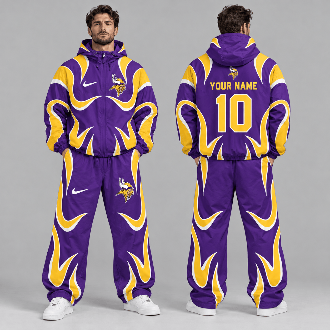 Minnesota Vikings | Premium NFL Personalized Name Number Abstract Wave Hooded Windbreaker Jacket & Wide Leg Pants Set NDN cover