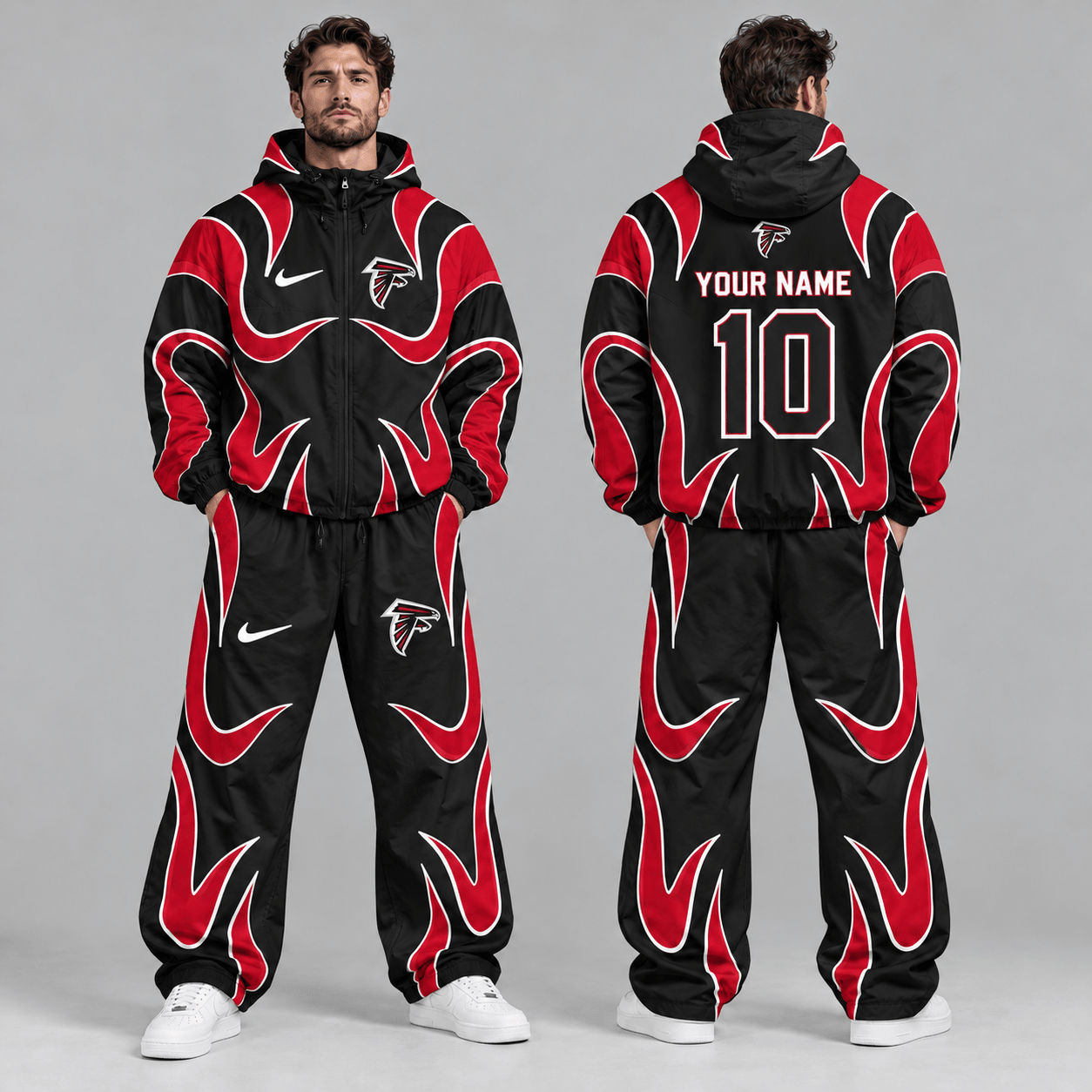 New England Patriots | Premium NFL Personalized Name Number Abstract Wave Hooded Windbreaker Jacket & Wide Leg Pants Set NDN cover