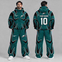 Philadelphia Eagles | Premium NFL Personalized Name Number Abstract Wave Hooded Windbreaker Jacket & Wide Leg Pants Set NDN cover
