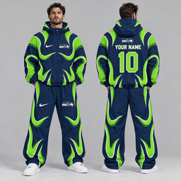 Seattle Seahawks | Premium NFL Personalized Name Number Abstract Wave Hooded Windbreaker Jacket & Wide Leg Pants Set NDN cover
