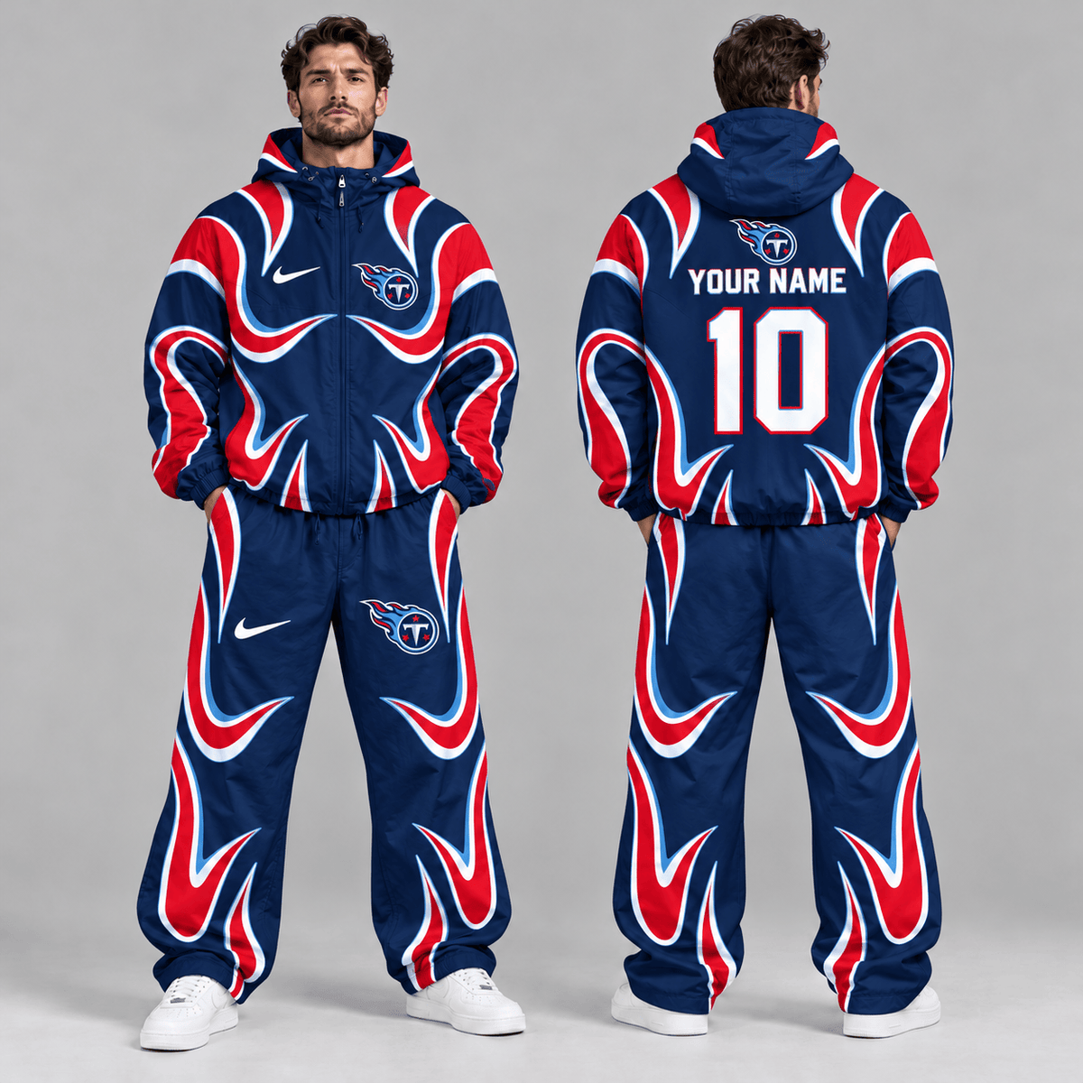 Tennessee Titans | Premium NFL Personalized Name Number Abstract Wave Hooded Windbreaker Jacket & Wide Leg Pants Set NDN cover
