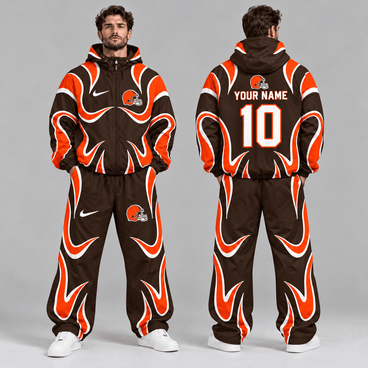 Cleveland Browns | Premium NFL Personalized Name Number Abstract Wave Hooded Windbreaker Jacket & Wide Leg Pants Set NDN cover