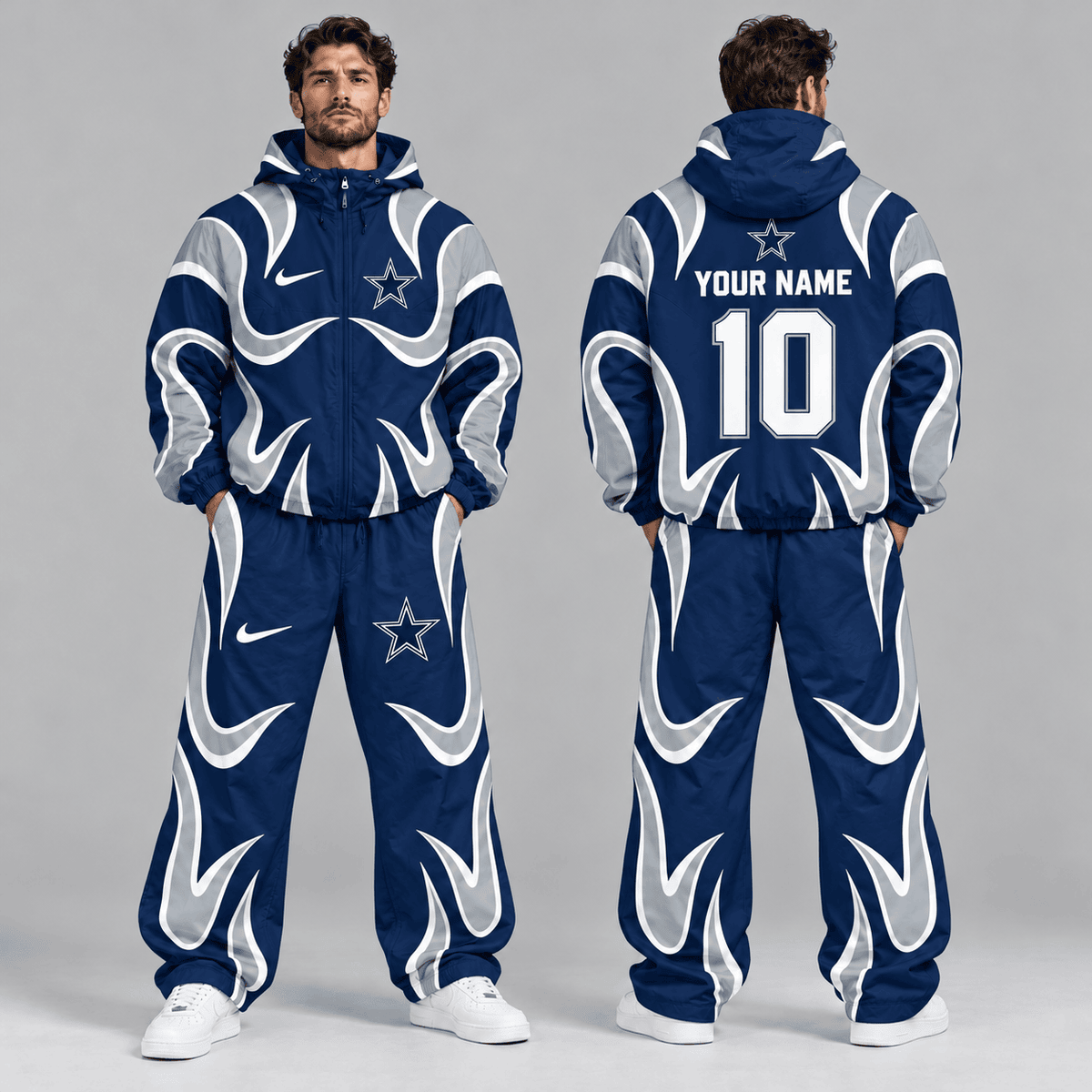 Dallas Cowboys | Premium NFL Personalized Name Number Abstract Wave Hooded Windbreaker Jacket & Wide Leg Pants Set NDN cover