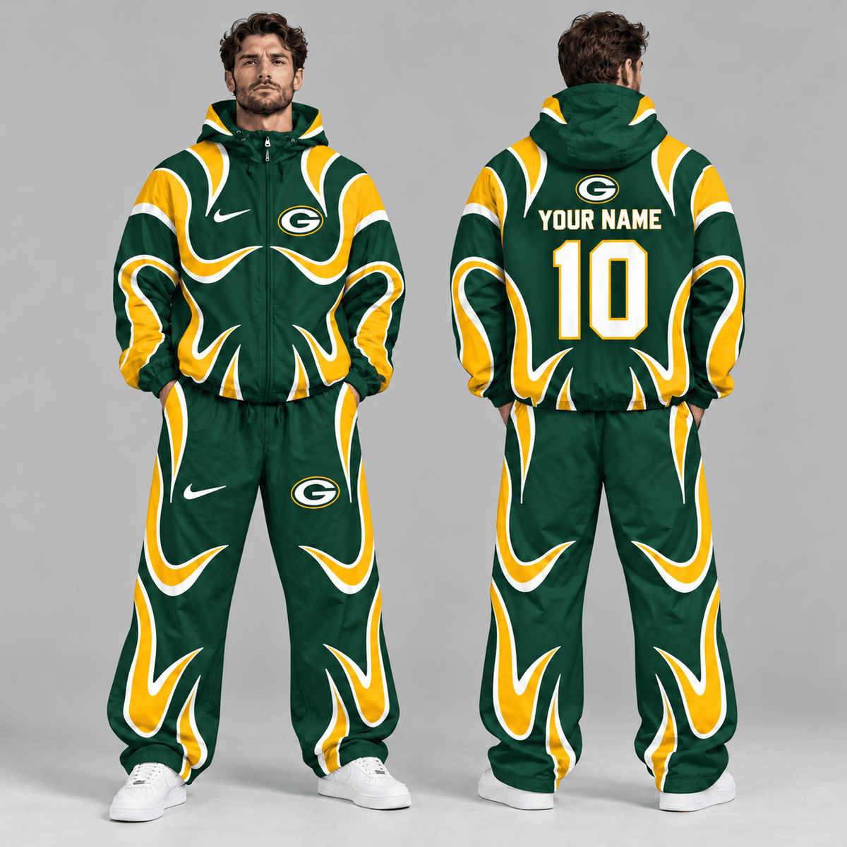 Green Bay Packers | Premium NFL Personalized Name Number Abstract Wave Hooded Windbreaker Jacket & Wide Leg Pants Set NDN cover