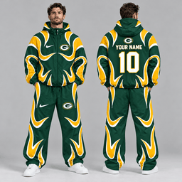 Green Bay Packers | Premium NFL Personalized Name Number Abstract Wave Hooded Windbreaker Jacket & Wide Leg Pants Set NDN cover