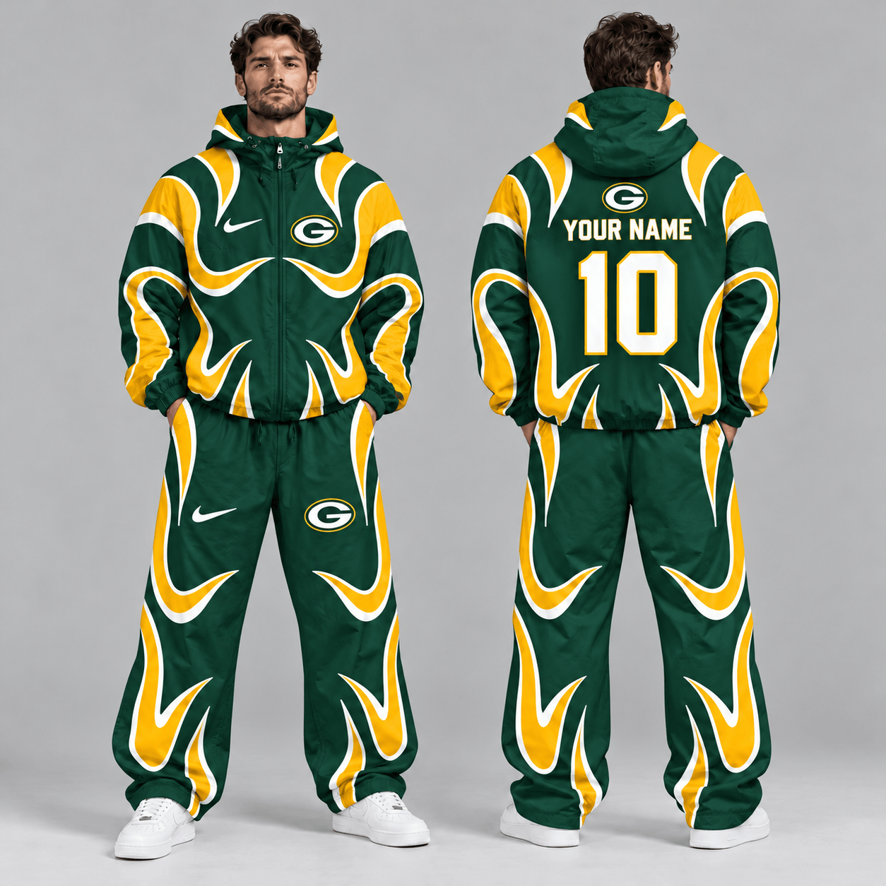 Green Bay Packers | Premium NFL Personalized Name Number Abstract Wave Hooded Windbreaker Jacket & Wide Leg Pants Set NDN cover