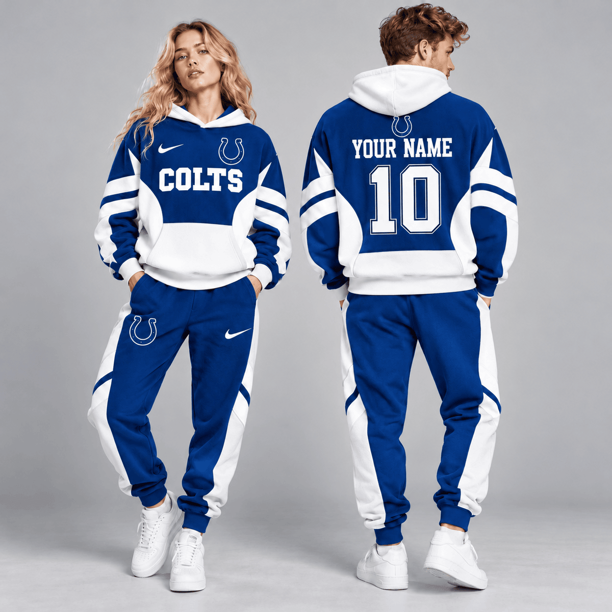 Indianapolis Colts | Premium NFL Personalized Name Number Varsity Colorblock Pullover Hoodie & Matching Jogger Pants Set NDN cover