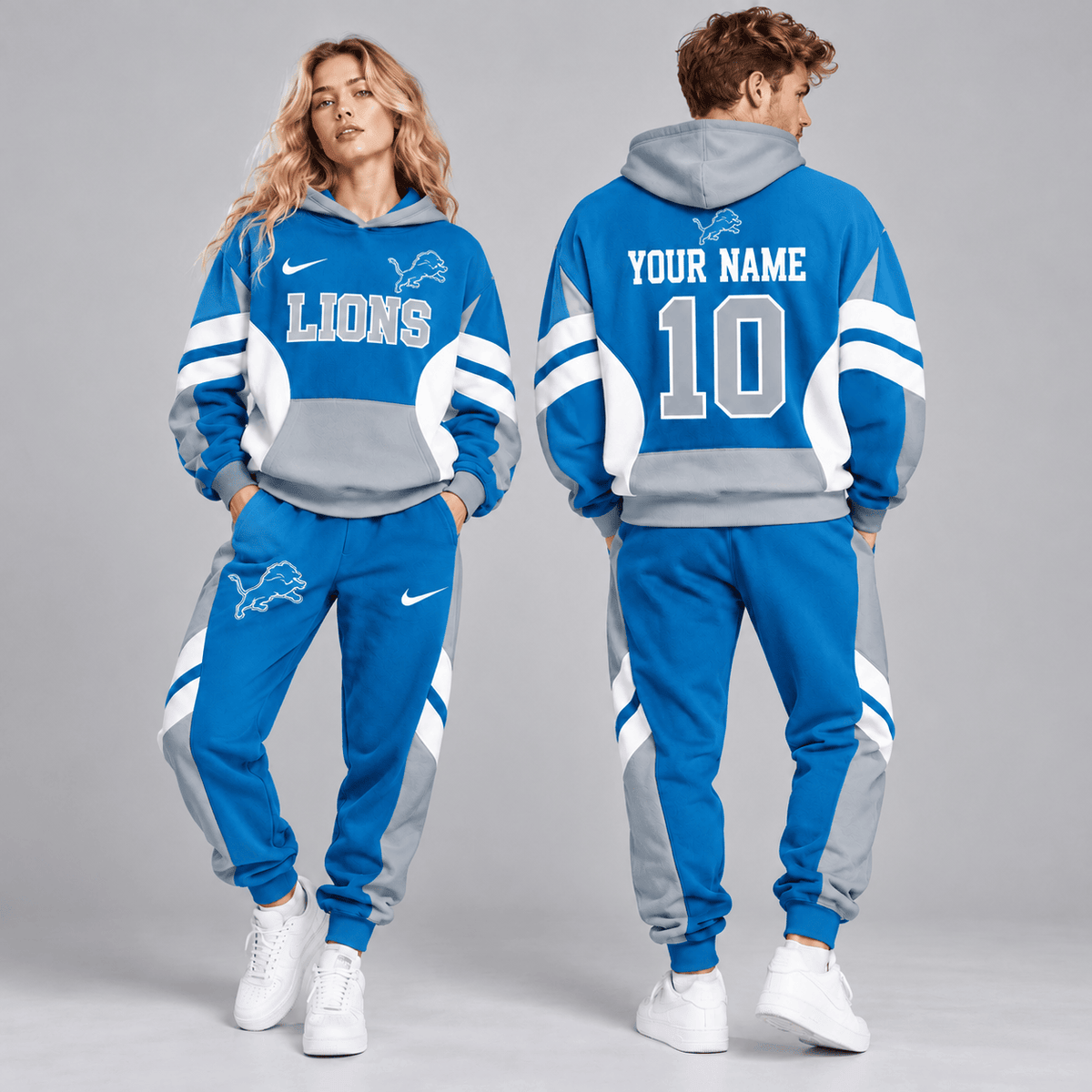 Detroit Lions | Premium NFL Personalized Name Number Varsity Colorblock Pullover Hoodie & Matching Jogger Pants Set NDN cover