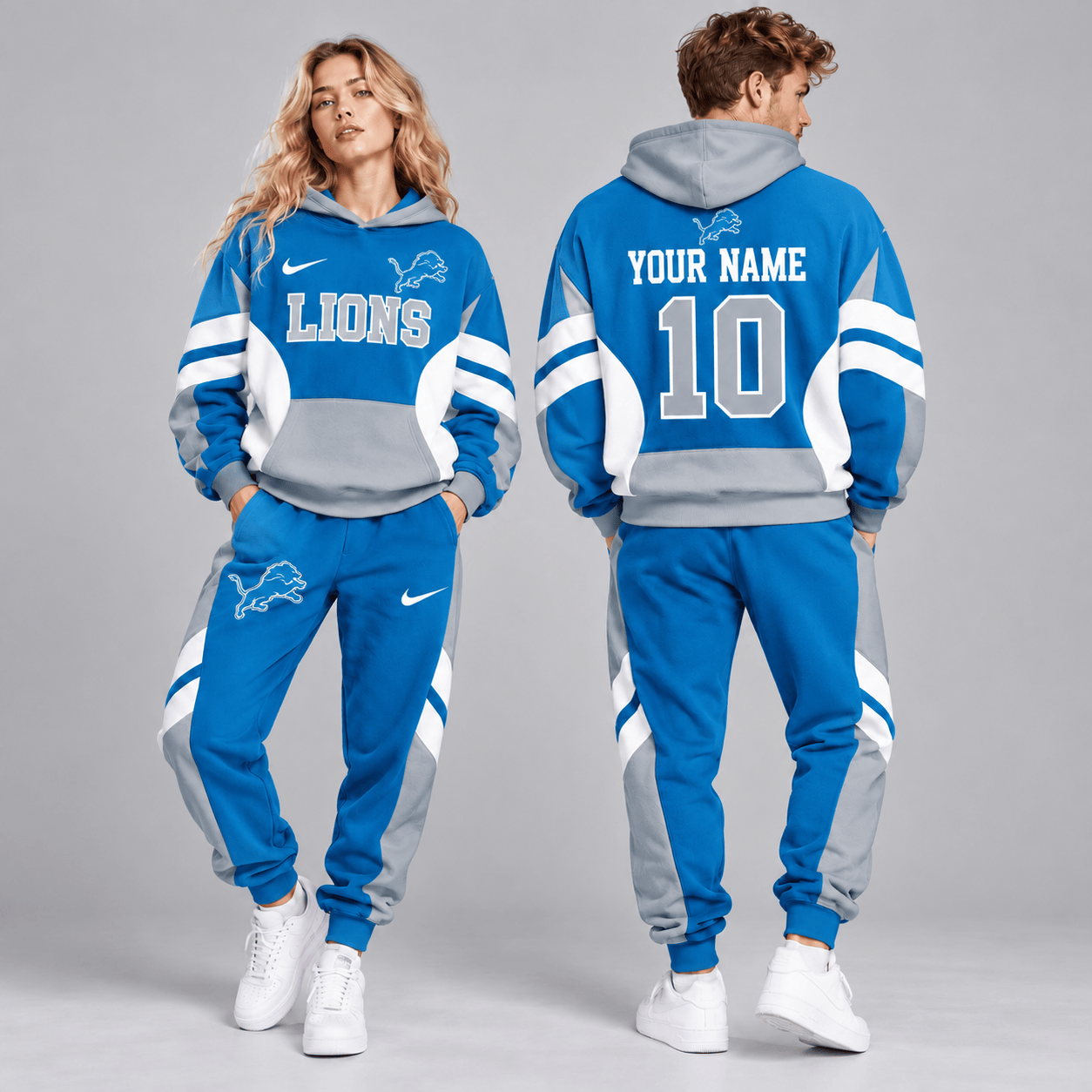 Detroit Lions | Premium NFL Personalized Name Number Varsity Colorblock Pullover Hoodie & Matching Jogger Pants Set NDN cover