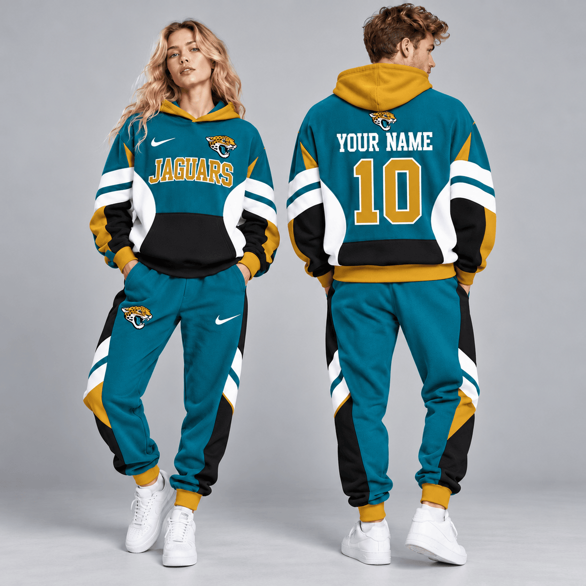 Jacksonville Jaguars | Premium NFL Personalized Name Number Varsity Colorblock Pullover Hoodie & Matching Jogger Pants Set NDN cover