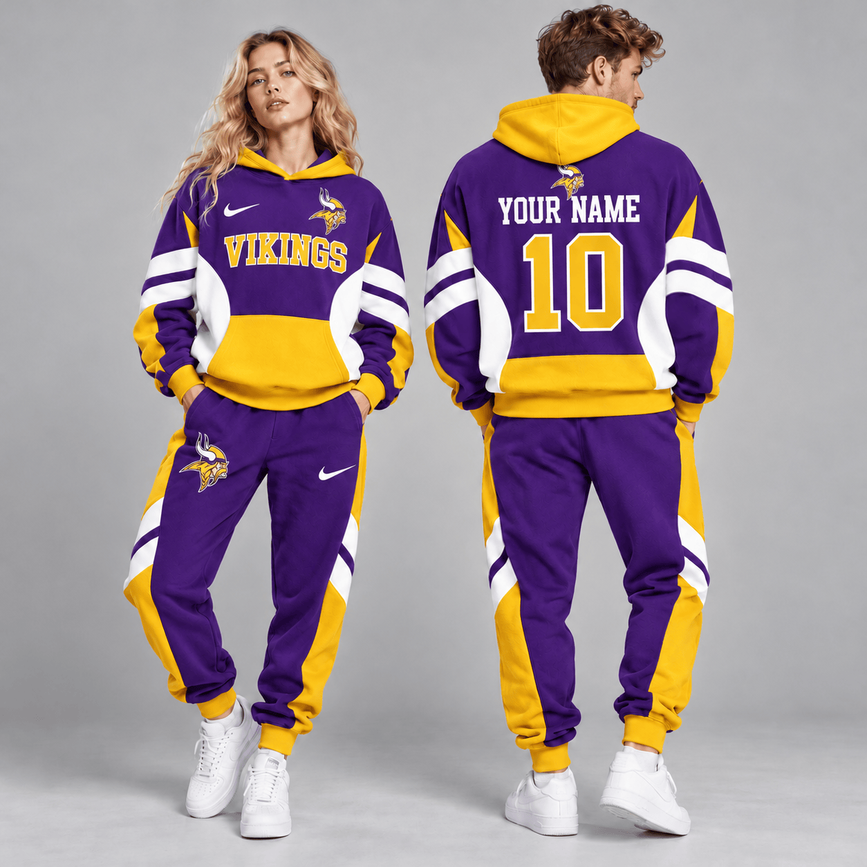 Minnesota Vikings | Premium NFL Personalized Name Number Varsity Colorblock Pullover Hoodie & Matching Jogger Pants Set NDN cover