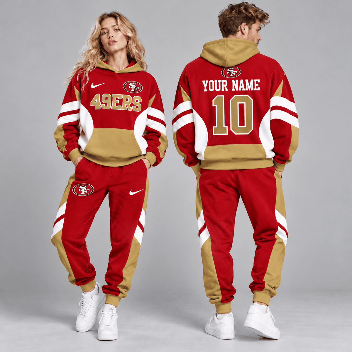 San Francisco 49ers | Premium NFL Personalized Name Number Varsity Colorblock Pullover Hoodie & Matching Jogger Pants Set NDN cover