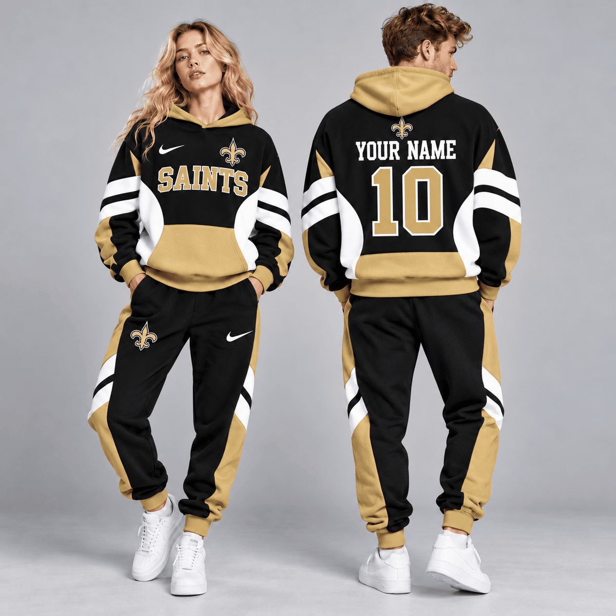 New Orleans Saints | Premium NFL Personalized Name Number Varsity Colorblock Pullover Hoodie & Matching Jogger Pants Set NDN cover