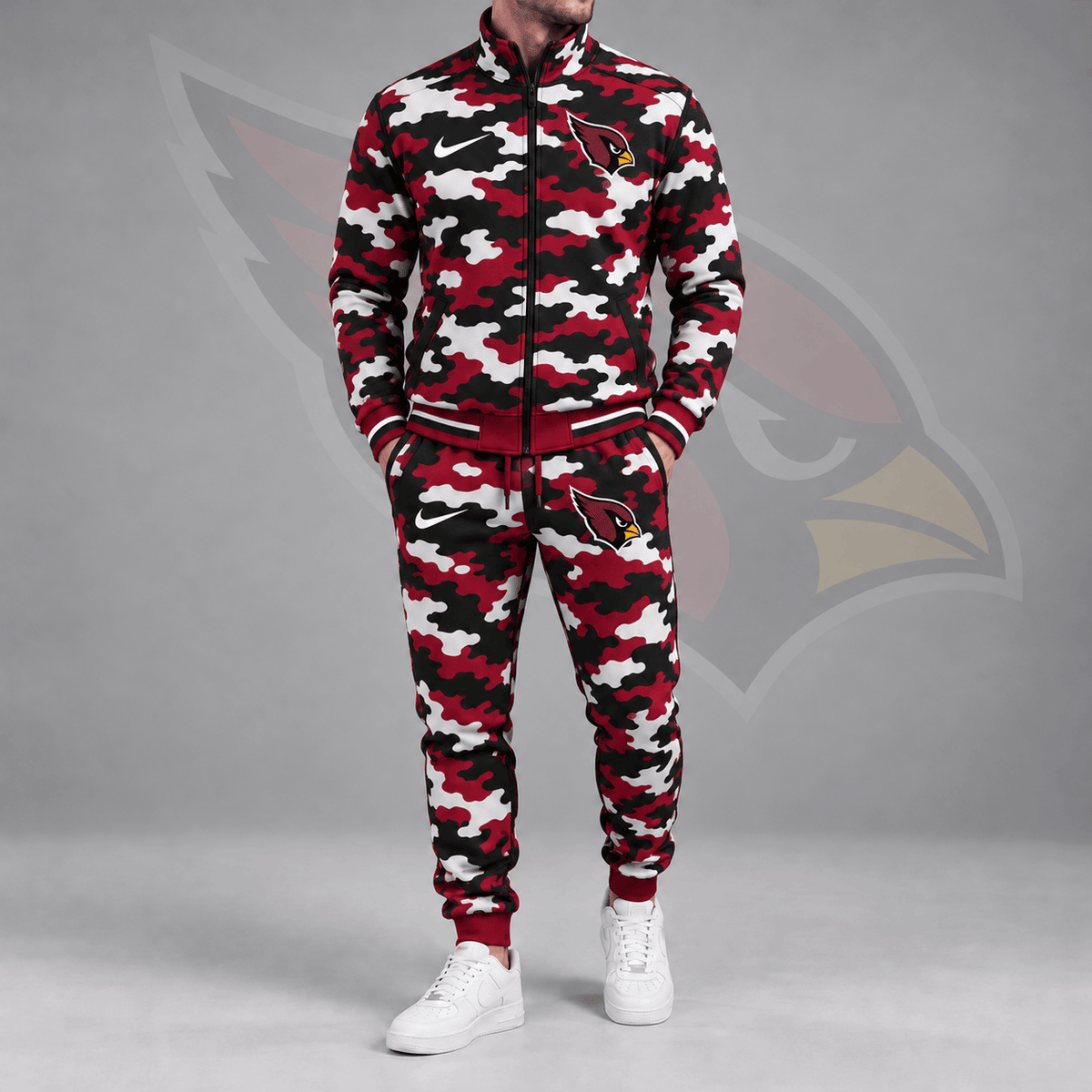 Arizona Cardinals | Premium NFL All Over Camo Print Stand Collar Zip Up Jacket & Slim Fit Jogger Pants Tracksuit Set NDN cover