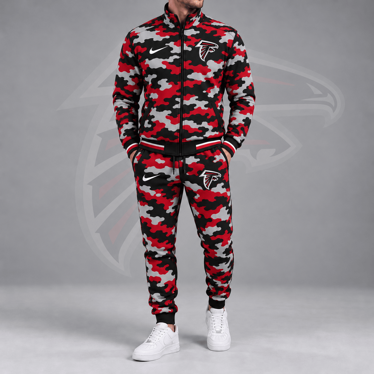 Atlanta Falcons | Premium NFL All Over Camo Print Stand Collar Zip Up Jacket & Slim Fit Jogger Pants Tracksuit Set NDN cover