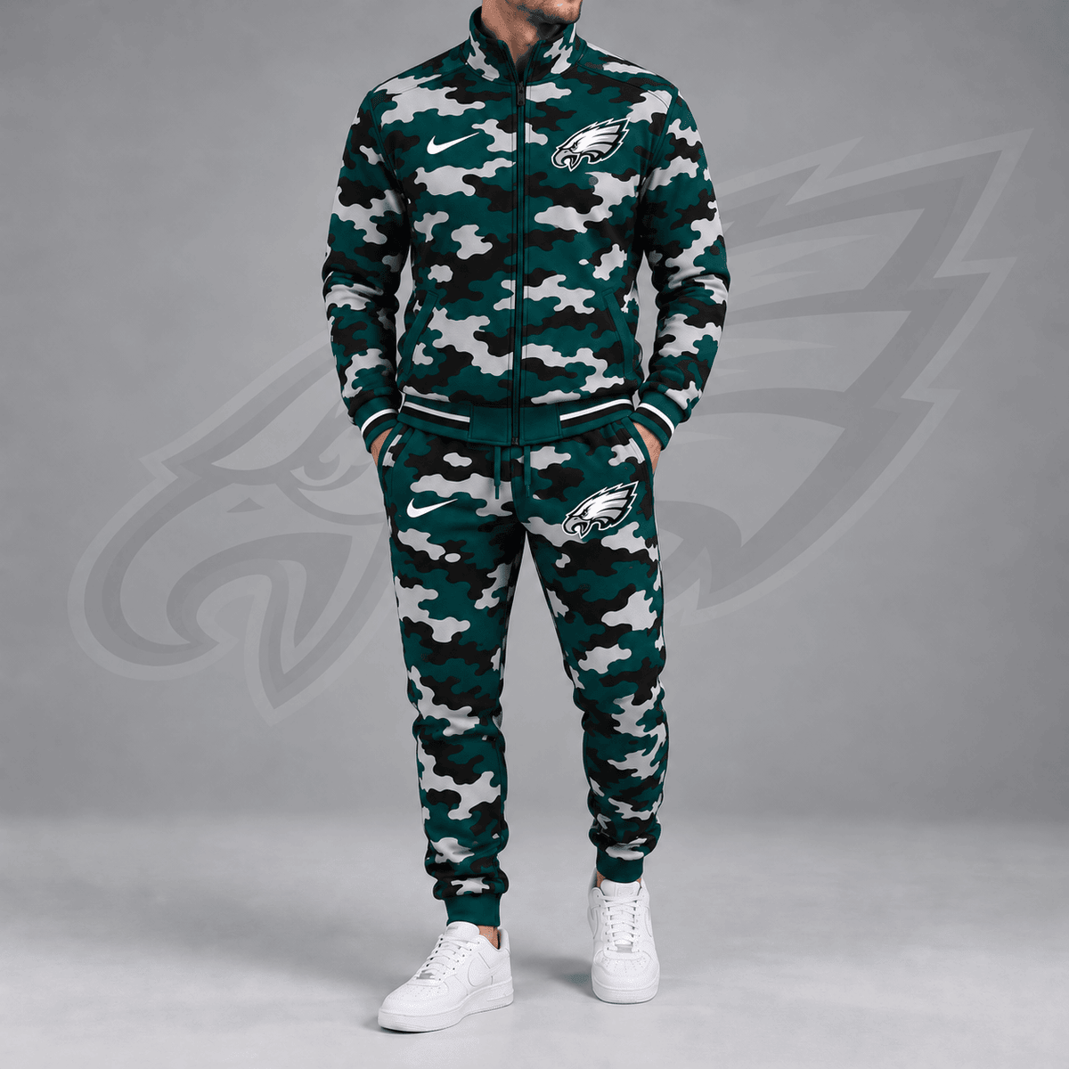 Philadelphia Eagles | Premium NFL All Over Camo Print Stand Collar Zip Up Jacket & Slim Fit Jogger Pants Tracksuit Set NDN cover