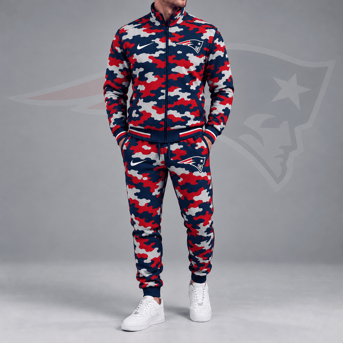 New England Patriots | Premium NFL All Over Camo Print Stand Collar Zip Up Jacket & Slim Fit Jogger Pants Tracksuit Set NDN cover